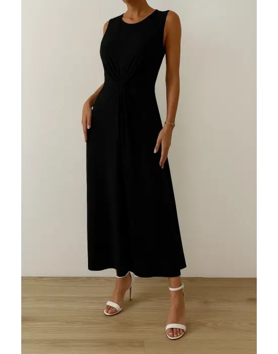 Kadın Sıfır Kollu Bisiklet Yaka Yandan Büzgü Detaylı Viskon Elbise
