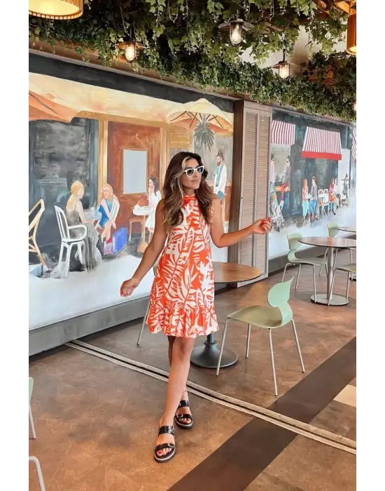 Kadın Sıfır Kollu Bisiklet Yakalı Fırfırlı Desenli Sofya Elbise