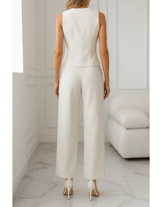 Kadın Sıfır Kollu çapraz V Yakalı önden Düğmeli Atlas Yelek Ve Pantolon Ikili Takım