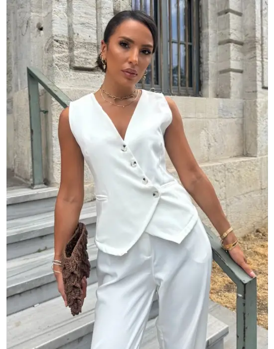 Kadın Sıfır Kollu çapraz V Yakalı önden Düğmeli Atlas Yelek Ve Pantolon Ikili Takım