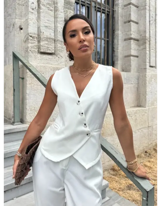 Kadın Sıfır Kollu çapraz V Yakalı önden Düğmeli Atlas Yelek Ve Pantolon Ikili Takım