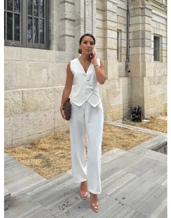 Kadın Sıfır Kollu çapraz V Yakalı önden Düğmeli Atlas Yelek Ve Pantolon Ikili Takım