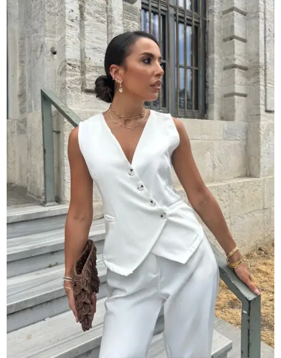 Kadın Sıfır Kollu çapraz V Yakalı önden Düğmeli Atlas Yelek Ve Pantolon Ikili Takım
