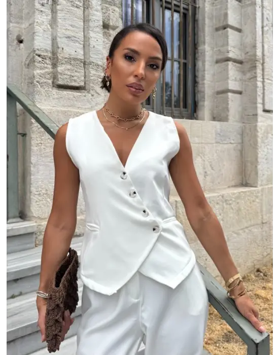 Kadın Sıfır Kollu çapraz V Yakalı önden Düğmeli Atlas Yelek Ve Pantolon Ikili Takım