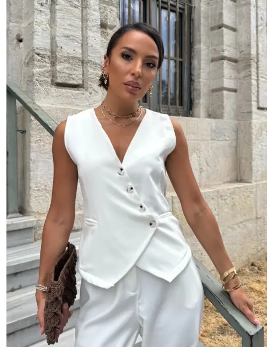 Kadın Sıfır Kollu çapraz V Yakalı önden Düğmeli Atlas Yelek Ve Pantolon Ikili Takım