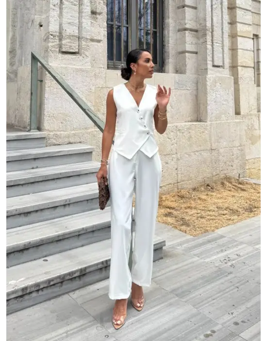 Kadın Sıfır Kollu çapraz V Yakalı önden Düğmeli Atlas Yelek Ve Pantolon Ikili Takım