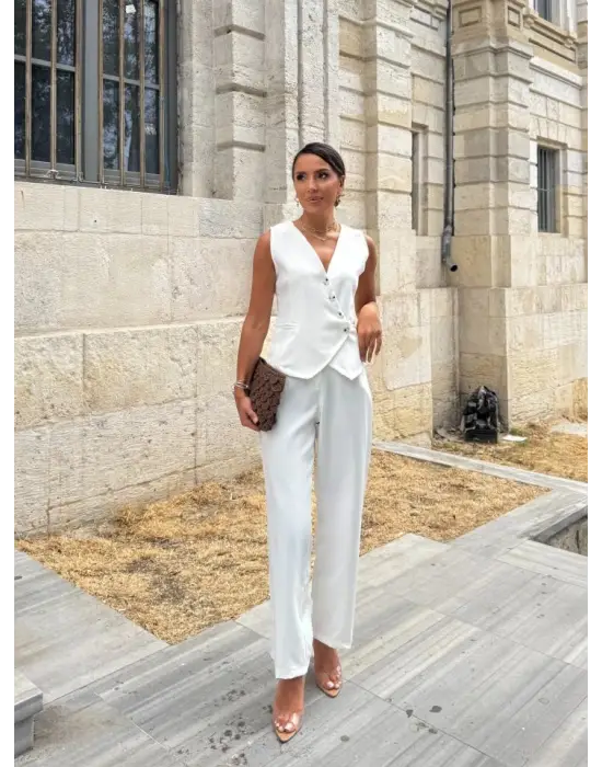 Kadın Sıfır Kollu çapraz V Yakalı önden Düğmeli Atlas Yelek Ve Pantolon Ikili Takım