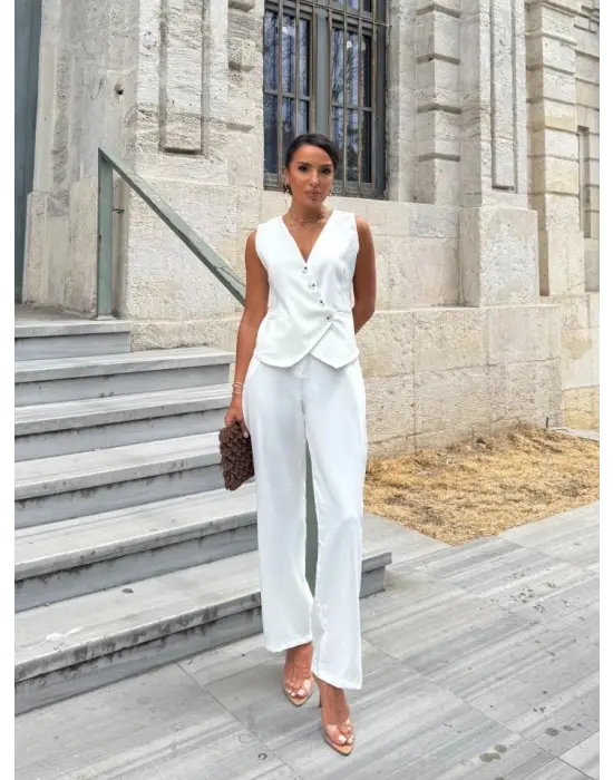 Kadın Sıfır Kollu çapraz V Yakalı önden Düğmeli Atlas Yelek Ve Pantolon Ikili Takım