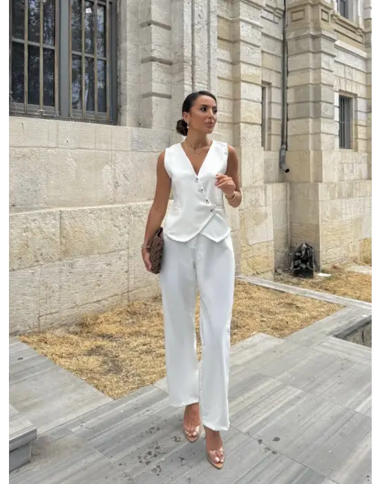 Kadın Sıfır Kollu çapraz V Yakalı önden Düğmeli Atlas Yelek Ve Pantolon Ikili Takım