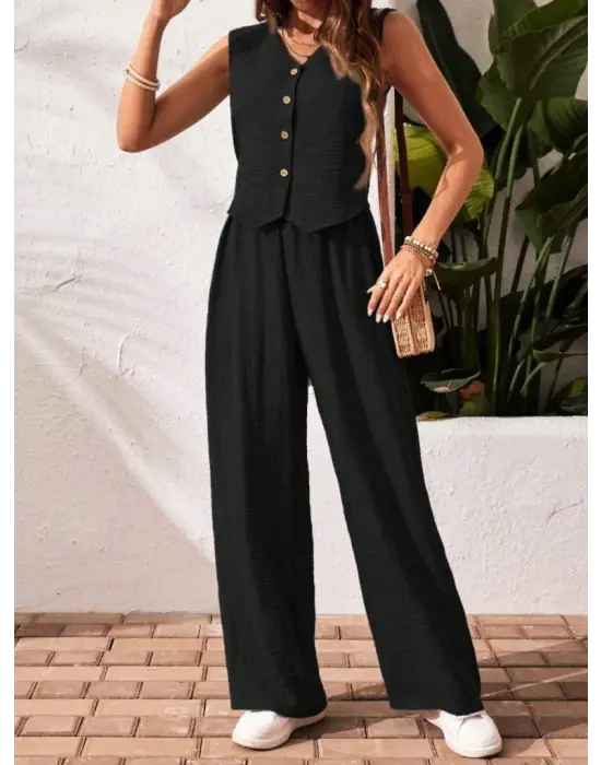 Kadın Sıfır Kollu Düğmeli Yelek Ve Pantolon Bürümcük Ikili Takım