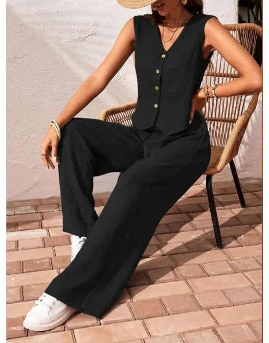 Kadın Sıfır Kollu Düğmeli Yelek Ve Pantolon Bürümcük Ikili Takım