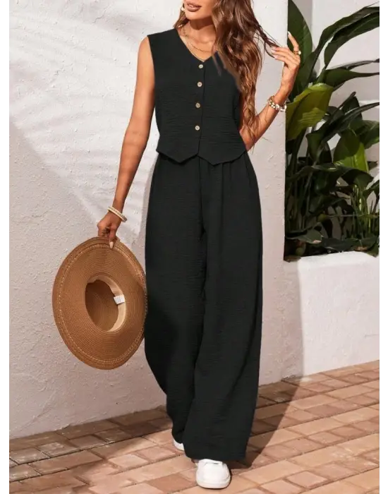 Kadın Sıfır Kollu Düğmeli Yelek Ve Pantolon Bürümcük Ikili Takım