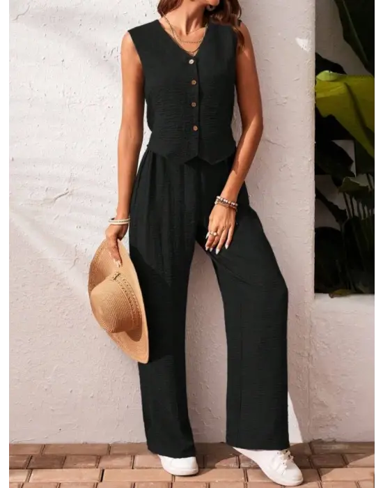 Kadın Sıfır Kollu Düğmeli Yelek Ve Pantolon Bürümcük Ikili Takım