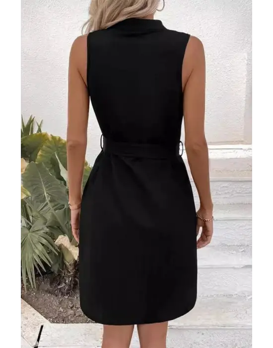 Kadın Sıfır Kollu Hakim Yaka önden Düğmeli Belden Kuşaklı Ithal Keten Elbise