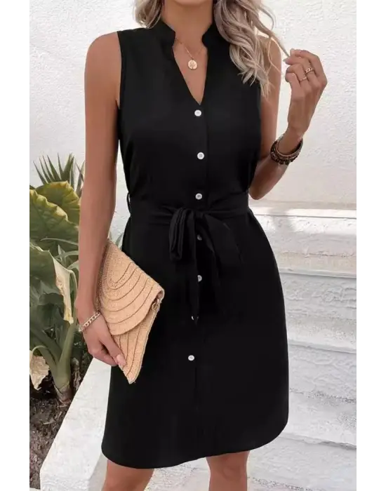 Kadın Sıfır Kollu Hakim Yaka önden Düğmeli Belden Kuşaklı Ithal Keten Elbise