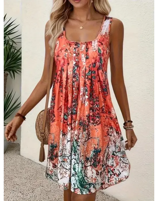 Omarı Sıfır Kollu Pileli Kare Yaka Elbise