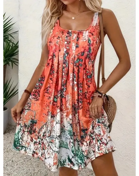 Omarı Sıfır Kollu Pileli Kare Yaka Elbise