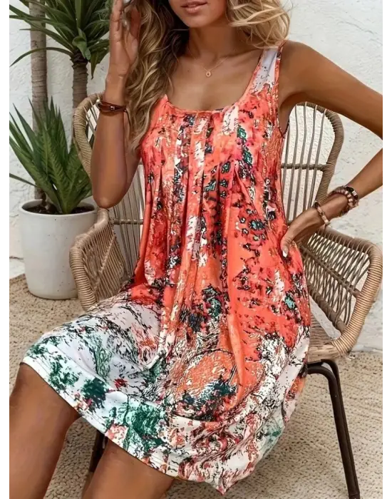 Omarı Sıfır Kollu Pileli Kare Yaka Elbise