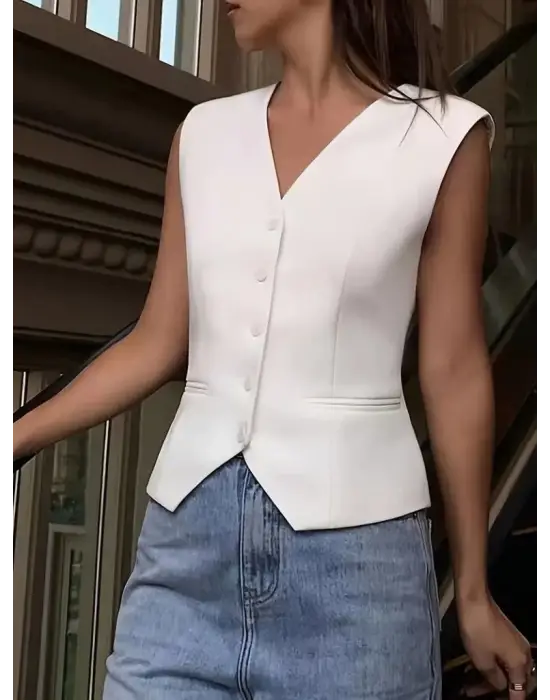 Omarı Elegan Kadın Düğmeli Atlas Yelek