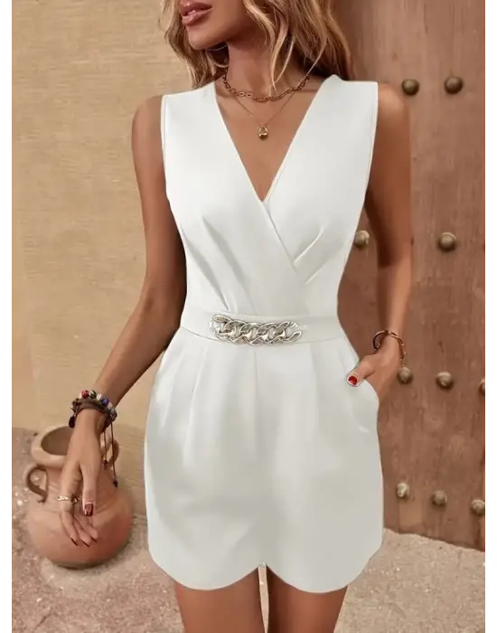 Omarı Şık Kadın V Yakalı Cep Detaylı Krep Tulum