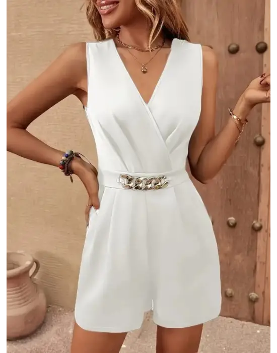 Omarı Şık Kadın V Yakalı Cep Detaylı Krep Tulum