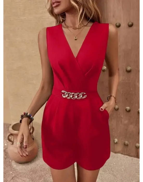 Kadın Sıfır Kollu V Yakalı Cep Detaylı Ithal Krep Tulum