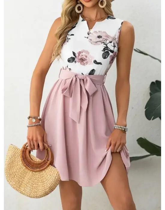 Omarı Çiçek Desenli Kuşaklı Dalgıç Elbise