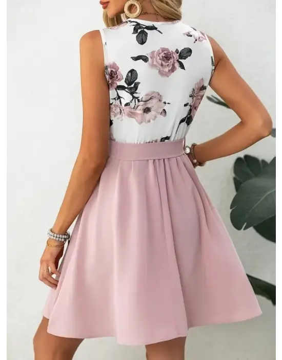 Omarı Çiçek Desenli Kuşaklı Dalgıç Elbise