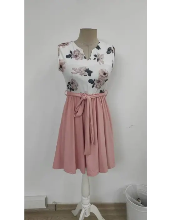 Kadın Sıfır Kollu V Yakalı çiçek Baskılı Beli Kuşaklı Dalgıç Elbise