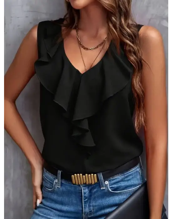Kadın Sıfır Kollu V Yakalı Volanlı Ithal Krep Bluz