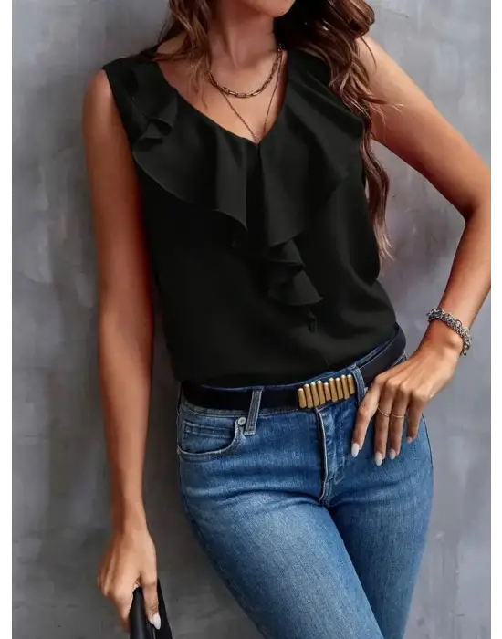 Kadın Sıfır Kollu V Yakalı Volanlı Ithal Krep Bluz