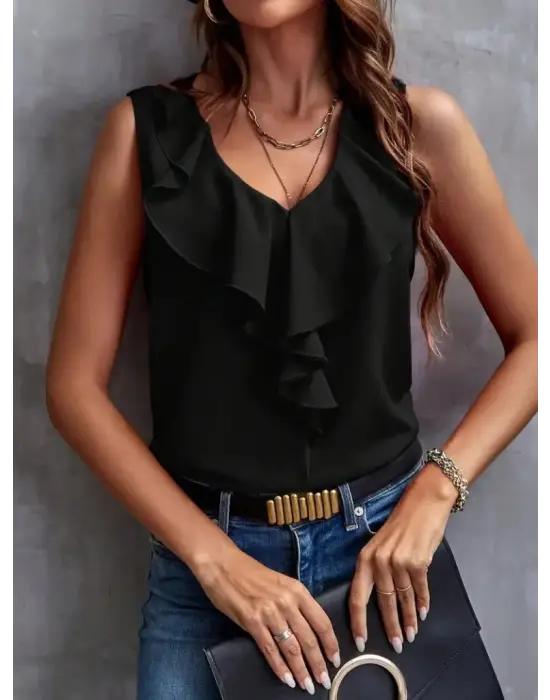 Kadın Sıfır Kollu V Yakalı Volanlı Ithal Krep Bluz