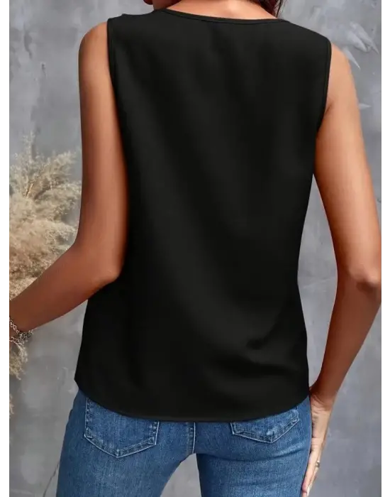 Kadın Sıfır Kollu V Yakalı Volanlı Ithal Krep Bluz