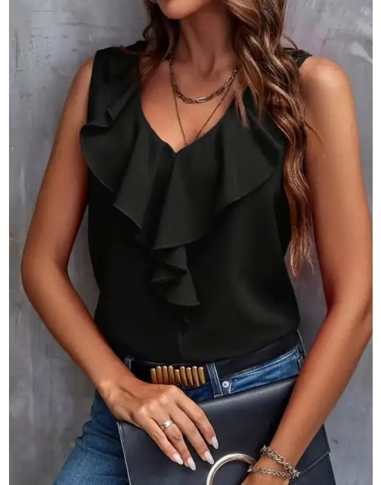 Kadın Sıfır Kollu V Yakalı Volanlı Ithal Krep Bluz