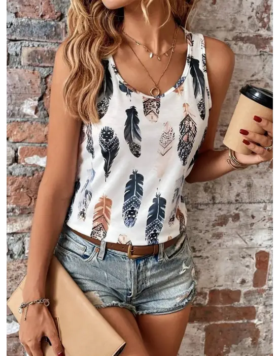 Kadın Sıfır Kollu V Yakalı Yaprak Desenli Süprem Bluz