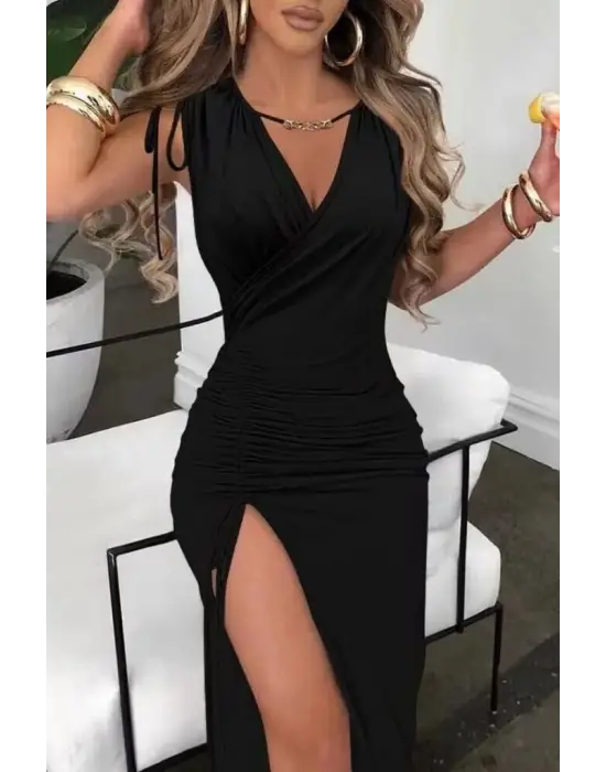 Kadın Sıfır Kollu V Yakalı Yırtmaç Detaylı Beli Büzgülü Omuzdan Bağcıklı Sandy Maxi Elbise