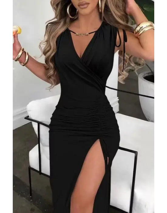 Kadın Sıfır Kollu V Yakalı Yırtmaç Detaylı Beli Büzgülü Omuzdan Bağcıklı Sandy Maxi Elbise