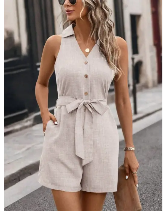 Kadın Sıfır Kollu Yakalı Düğmeli Belden Kuşaklı Kısa Keten Tulum