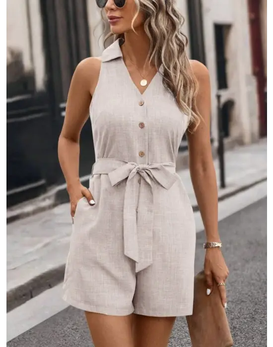 Omarı Şık Düğmeli Belden Kuşaklı Kısa Keten Tulum