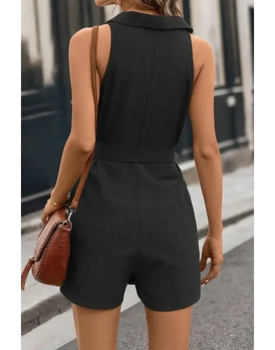 Kadın Sıfır Kollu Yakalı Düğmeli Belden Kuşaklı Kısa Keten Tulum