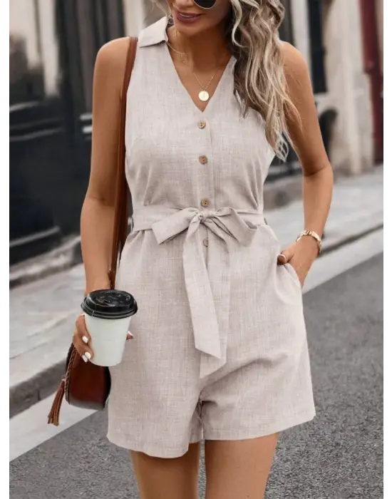 Omarı Şık Düğmeli Belden Kuşaklı Kısa Keten Tulum