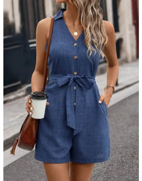 Kadın Sıfır Kollu Yakalı Düğmeli Belden Kuşaklı Kısa Keten Tulum