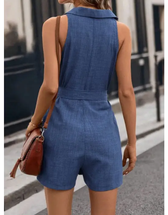 Kadın Sıfır Kollu Yakalı Düğmeli Belden Kuşaklı Kısa Keten Tulum