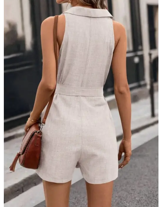 Omarı Şık Düğmeli Belden Kuşaklı Kısa Keten Tulum