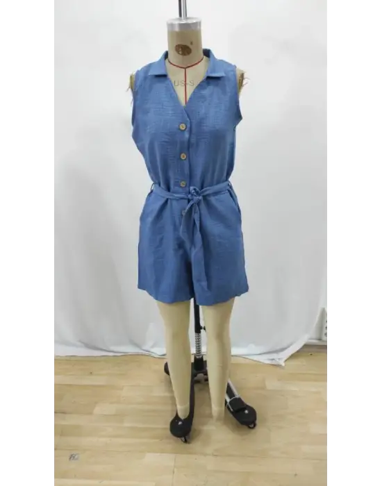 Kadın Sıfır Kollu Yakalı Düğmeli Belden Kuşaklı Kısa Keten Tulum