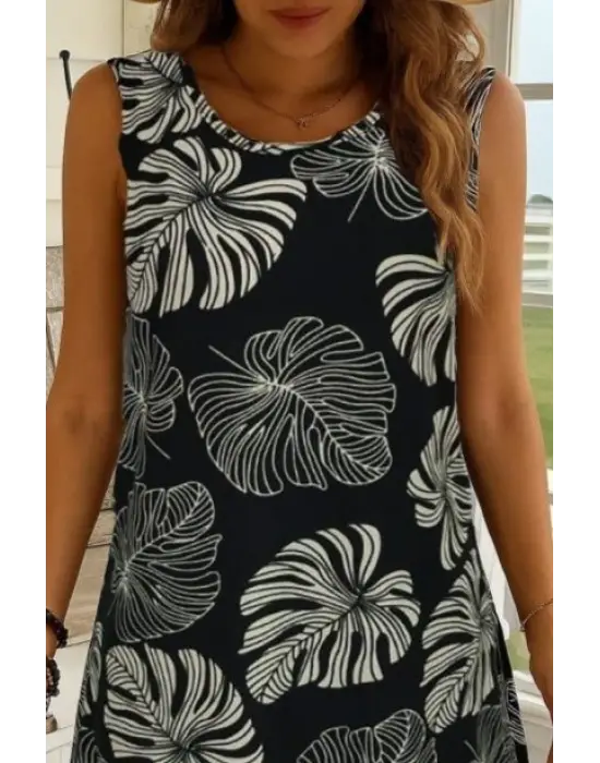 Kadın Sıfır Kollu Yuvarlak Yaka Desenli Süprem Elbise