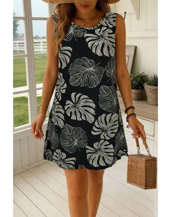 Kadın Sıfır Kollu Yuvarlak Yaka Desenli Süprem Elbise