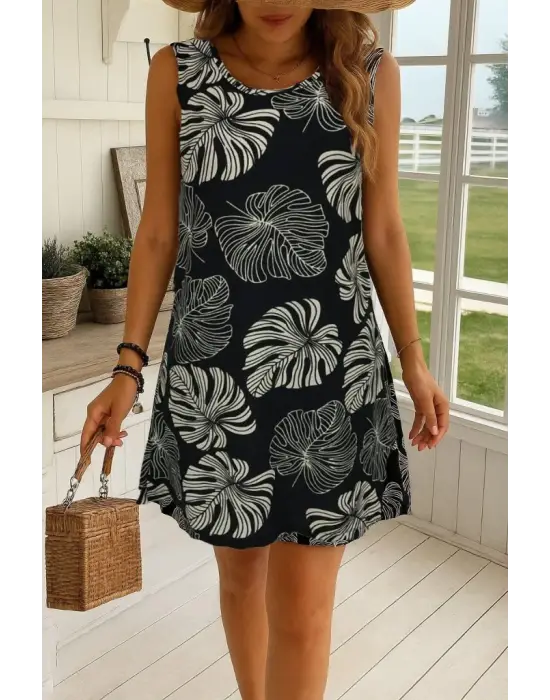 Kadın Sıfır Kollu Yuvarlak Yaka Desenli Süprem Elbise