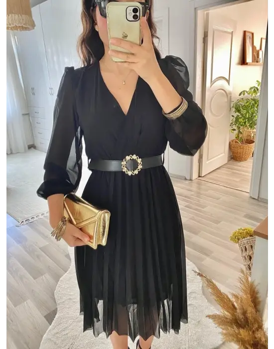 Kadın Kruvaze Yaka Midi Boy Kloş Elbise