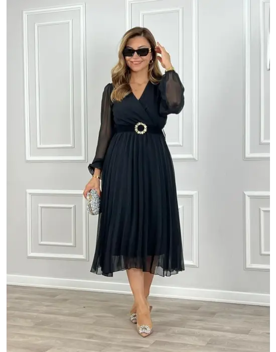 Kadın şifon Kumaş Astalı Kloş Kesim Kruvaze Yaka Midi Boy Elbise